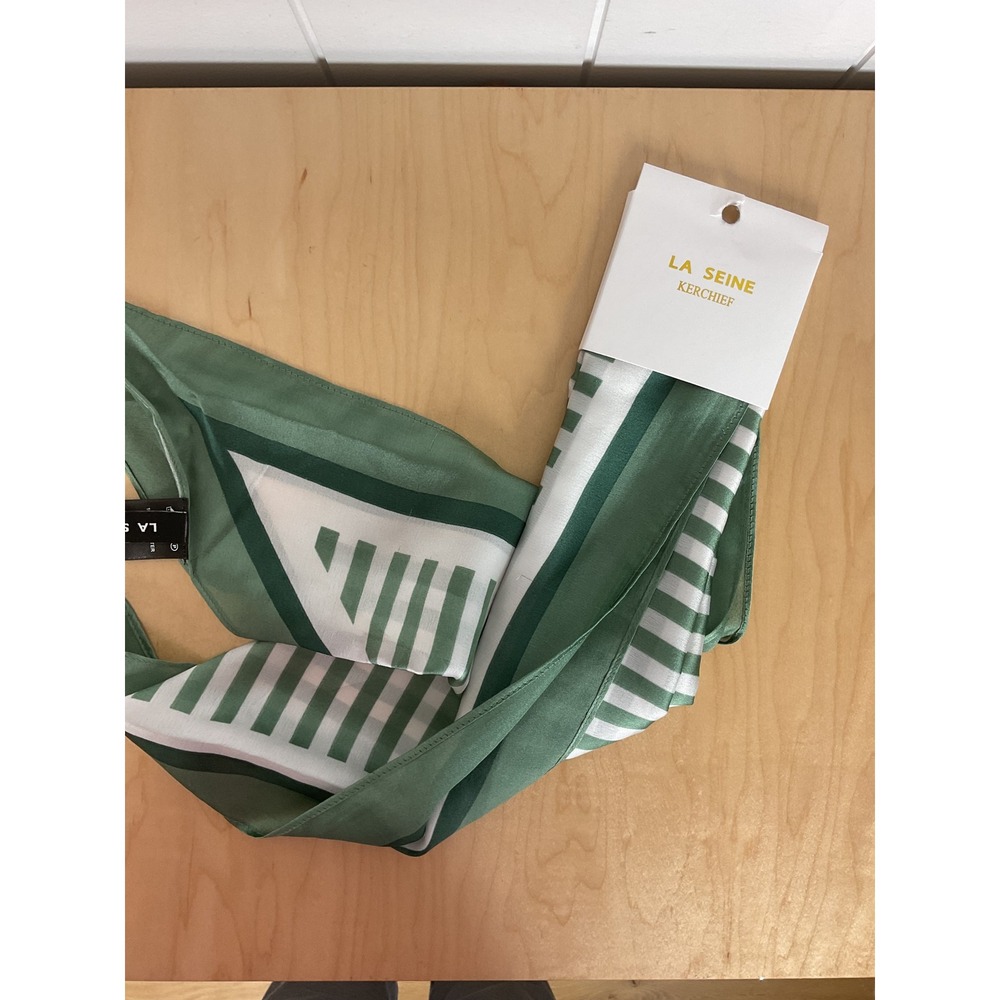 LA SEINE Kerchief Scarf Green White Geometric Stripe‎ Silk Blend Accessory